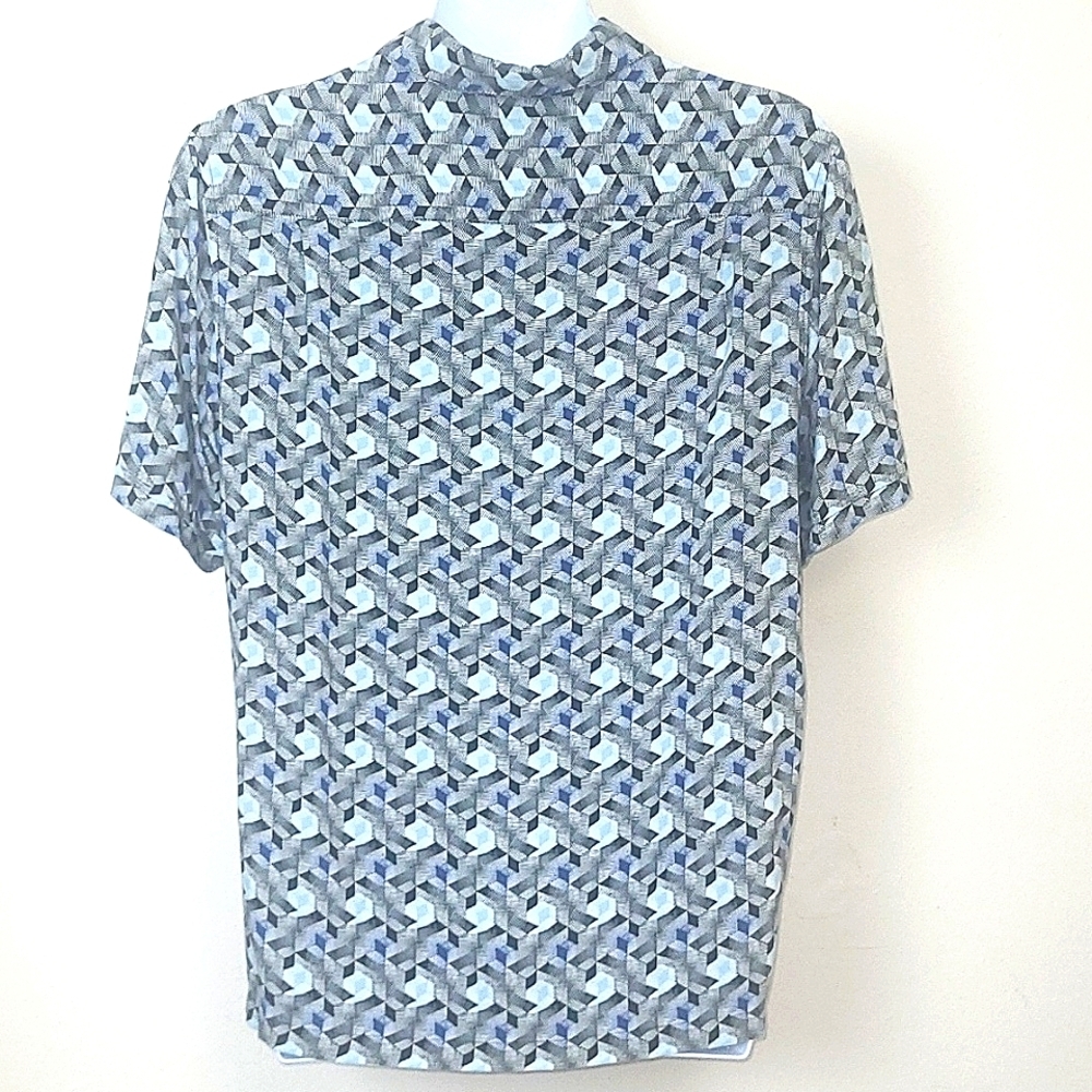 Claiborne Men's button down shirt short sleeve blue black geometric print EUC - Picture 3 of 5